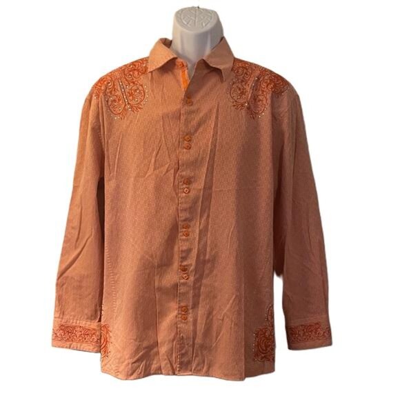 Lamasini Shirt Mens XL Orange Button Cotton Blend LS Western Rhinestone Cowboy - Picture 1 of 7